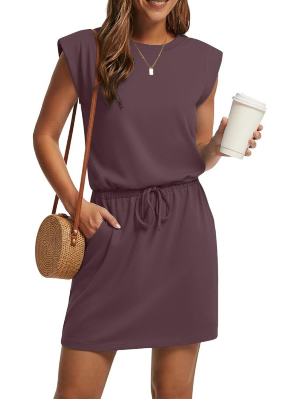 Women's Purple Casual Cap Sleeve Crew Neck Drawstring Waist Mini Beach Dress